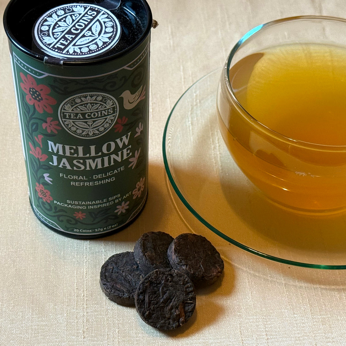 Mellow, Jasmine, tea and tea coins